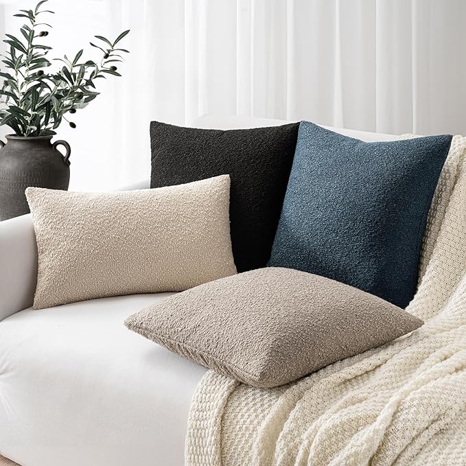Woaboy Pack of 2 20x20 Inch Decorative Boucle Throw Pillow Covers Textured Square Pillowcaes Accent Solid Cozy Soft Cushion Covers Home Decor for Sofa Couch Living Room Home Decor,Dark Blue