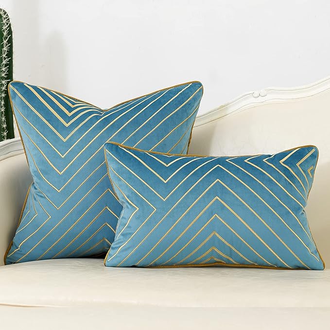 Avigers 20 x 20 Inch Grey Blue Gold Striped Geometric Lines Embroidery Velvet Cushion Case Luxury Modern Throw Pillow Cover Decorative Pillow for Couch Living Room Bedroom Car 50 x 50cm