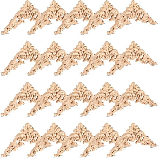 20 Pcs Wood Applique Corner Onlay Decorative Wood Applique DIY Wooden Carved Corner Unpainted Wooden Carved Decals Carving Decal for Furniture Wall Cupboard Bed Cabinet(Delicate Style)