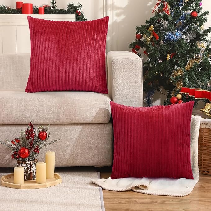Simmore Decorative Throw Pillow Covers 12x20 Set of 2, Soft Natural Plush Flannel Double-Sided Fluffy Lumbar Pillow Covers for Couch Sofa Living Room, Red