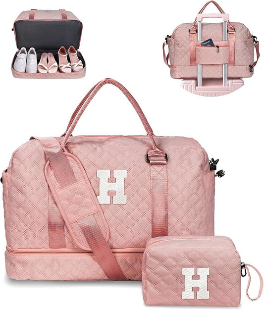 Vogewood Gift for Girls - 5 6 7 8 9 10 11 12 13 14 15 16 Year Old-Duffle Bags with Shoe Compartment, Personalized Weekender Bag, Travel Bag with Makeup Bag, Gifts for Women Birthday Unique (Letter H)