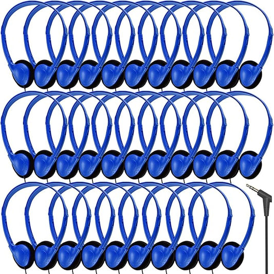 Bulk Earbud Headphones 50 Pack for School Classroom Kids, Wholeslae Wired Durable Earphones Class Set for Students Children Toddler Teens Boys Girls and Adult (HY857,50 Blue)