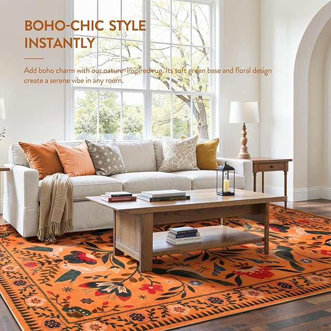 Moynesa Area Rugs 9x12 Fall Home Decor, Bohemian Scandinavian Modern Country Aesthetic Floral Bird Medallion Carpet for for Living Room Bedroom Dining Room,Non-Slip Washable Floor Protection