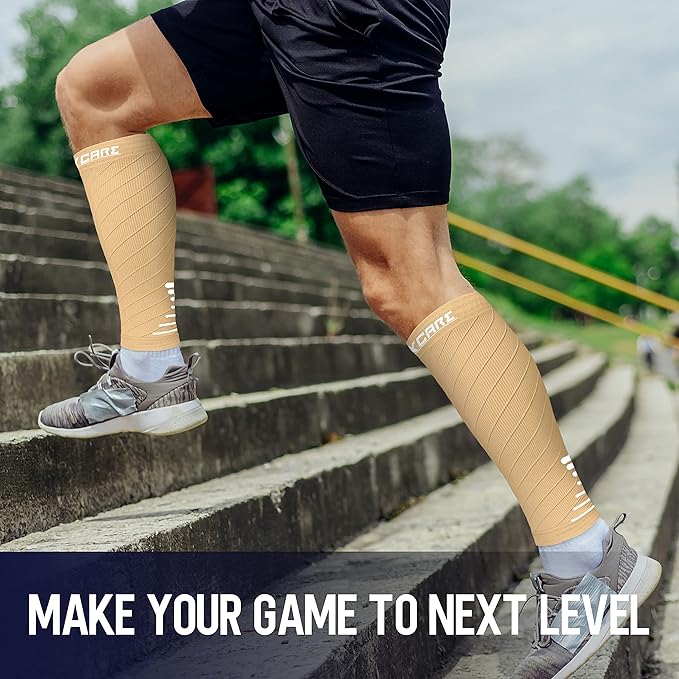 Thoxcare Calf Compression Sleeve for Men Women (2 Pairs), Leg Support Footless Compression Socks for Running - Shin Splint Varicose Veins Swelling & Pain Relief, Beige/White, Small
