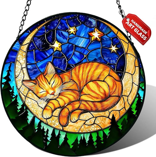 Stained Glass Window Hanging, Orange Sleeping Cat Suncatcher for Door Home Decor Moon Starry Night Sun Catcher Ornament Mother's Day Birthday Gifts for Women Men Mom 6.3 in
