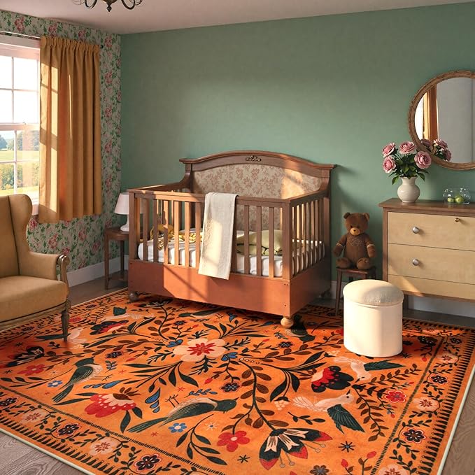 Moynesa Washable 8x10 Area Rugs for Living Room Bedroom Dining Room, Bohemian Scandinavian Modern Country Aesthetic Floral Bird Medallion Carpet, Fall Home Decor Open Floor Areas Protection Non-Slip