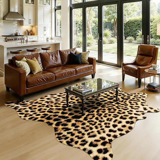 AROGAN Premium Leopard Print Rug 4.6x5.2 Feet, Faux Fur Cheetah Rug, Non-Slip Animal Print Hide Leopard Skin Area Rug for Bedroom Living Room Home Decor