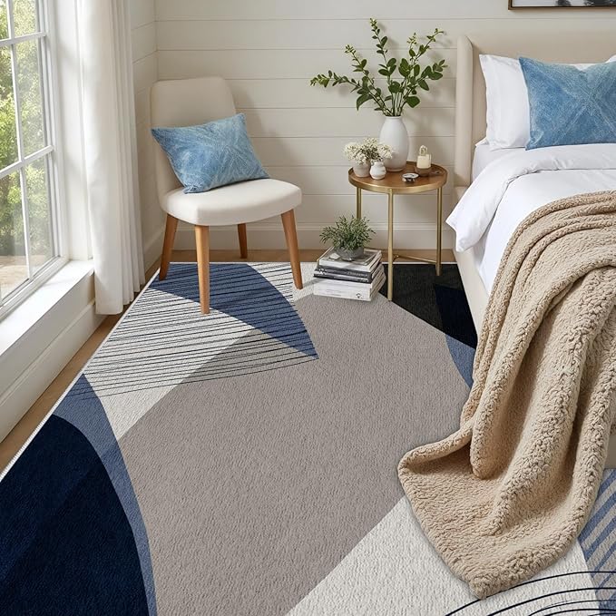 Abstract Art Line Living Room Area Rugs 5x8, Modern Boho Geometric Print Soft Rug, Minimalist Washable Non Slip Neutral Carpet for Bedroom, Dining Room Office Playroom, Navy Blue Gray