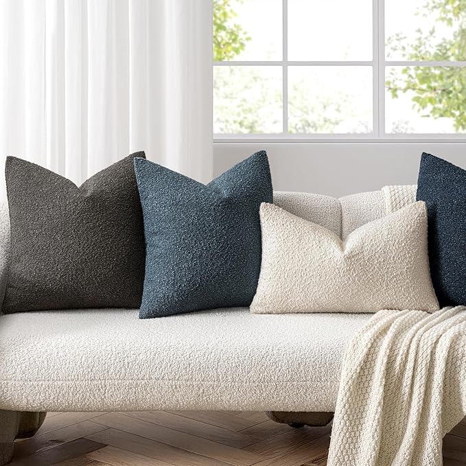 Woaboy Pack of 2 18x18 Inch Decorative Boucle Throw Pillow Covers Textured Square Pillowcaes Accent Solid Cozy Soft Cushion Covers Home Decor for Sofa Couch Living Room Home Decor,Dark Blue