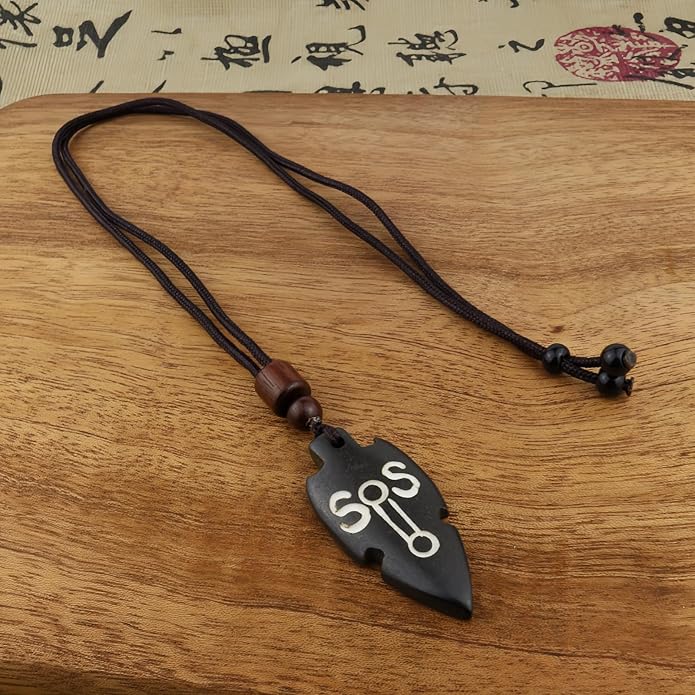 Handmade Black Bull Bone Pendant Necklace, Traditional Tribal Design, Wooden Beads, Adjustable Braided Rope, 24 Inch, Surfer Style
