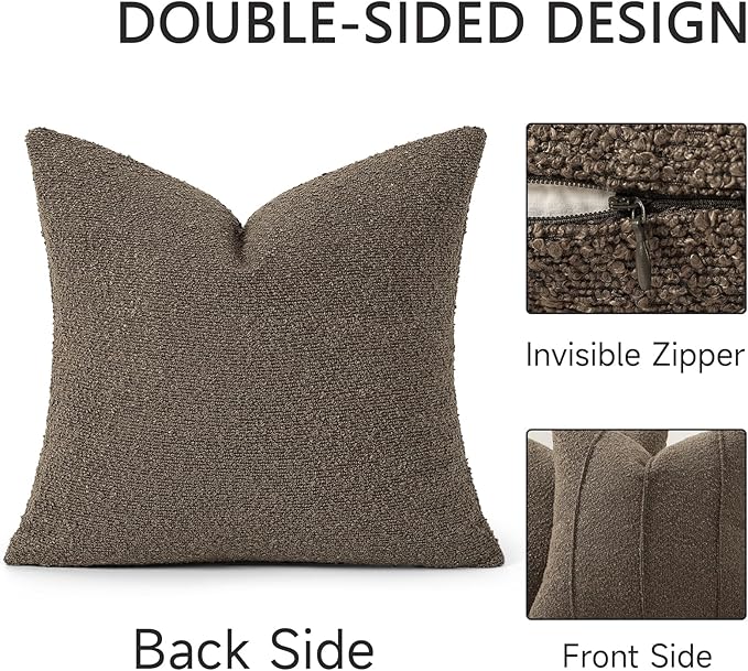 YCOLL Textured Boucle Throw Pillow Covers 18x18 Pack of 2 - Soft Neutral Striped Cushion Covers, Cozy Accent Decorative Pillow Covers for Couch, Sofa, Bed, Living Room (Brown)