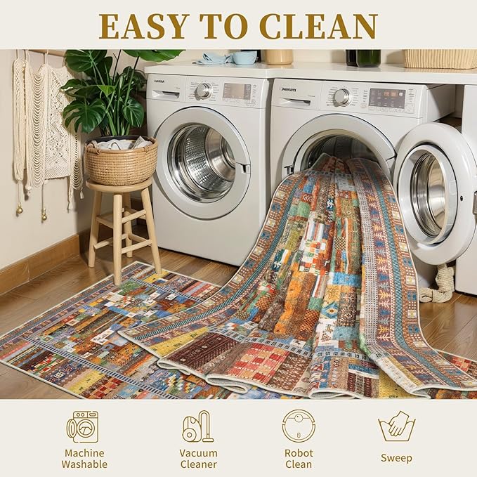 Tangsoo 3x5 Washable Rug, Vintage Throw Rugs Non Slip, Soft Low Pile Floor Rug Tribal Indoor Area Rugs Carpet for Living Room Bedroom Office Laundry Bedside Entrance Entryway(Yellow Multi)