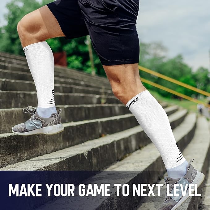 Thoxcare Calf Compression Sleeve for Men Women (1 Pair), Leg Support Footless Compression Socks for Running - Shin Splint Varicose Veins Swelling & Pain Relief, White/Black, X-Large