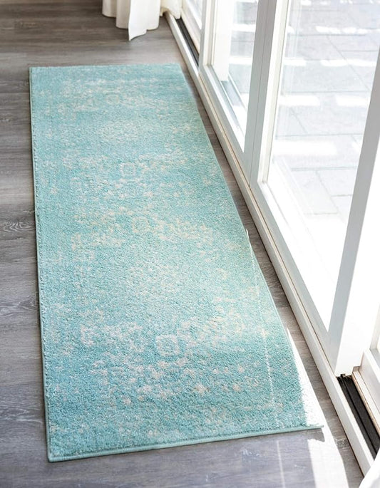Rugs.com Arlington Collection Rug – 12 Ft Runner Aqua Medium-Pile Rug Perfect for Hallways, Entryways