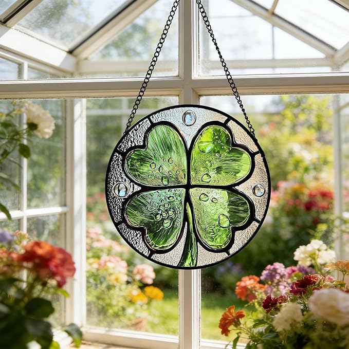 Stained Glass Window Hanging - St. Patrick's Day Green Irish Themed Gifts Sun Catcher Door Home Clover Decor Suncatcher Christmas Mother's Day Birthday Gifts for Women Men Mom Nana 6.3 in