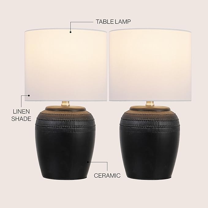 JONATHAN Y JYL5707A-SET2 16.75" Black Rustic Reeded Ceramic Table Lamp Set of 2 for Living Room, Traditional Farmhouse Bedside Nightstand Lamps with White Linen Shade, LED Bulbs Included