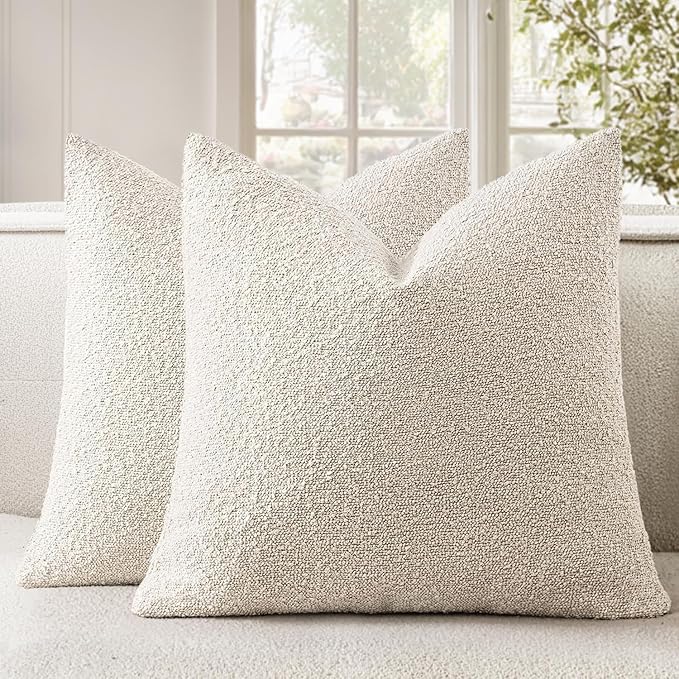 Woaboy Pack of 2 20x20 Inch Decorative Boucle Throw Pillow Covers Textured Square Pillowcaes Accent Solid Cozy Soft Cushion Covers Home Decor for Sofa Couch Living Room Home Decor,Natural Beige