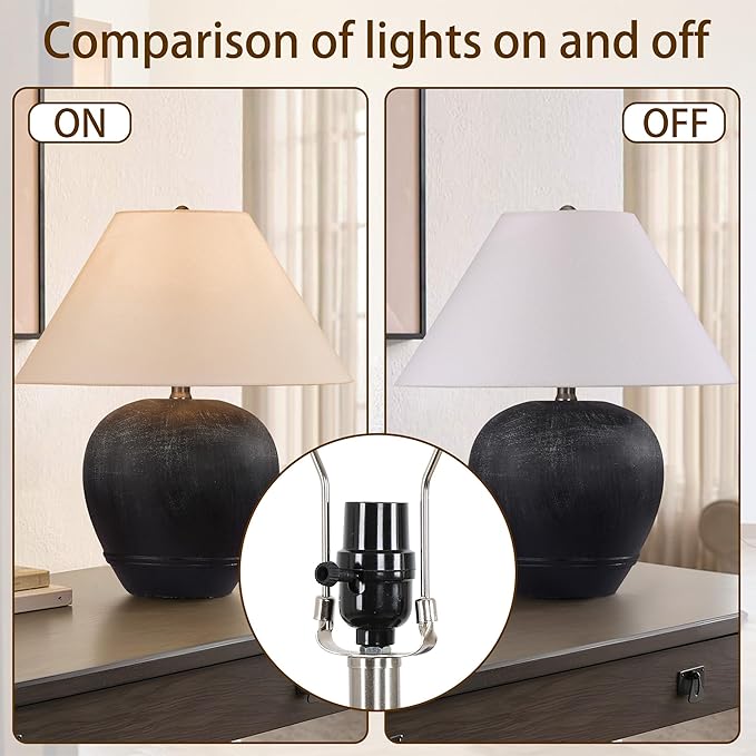 Pia Ricco 21'' Medium Size Black Glossy Ceramic Base Ceramic Basin Table Lamp for Bedroom, Living Room, Dining Room, Office, White Shade,White Smudged Black Base