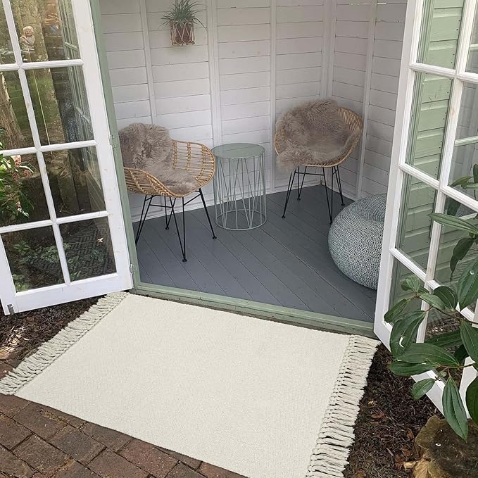 Collive Small Bathroom Rug, 2' x 3' Hand-Woven Low Profile Front Entryway Rug, White/Beige Cotton Reversible Washable Kitchen Mat Modern Farmhouse Carpet for Foyer Bedroom Back Door Decor