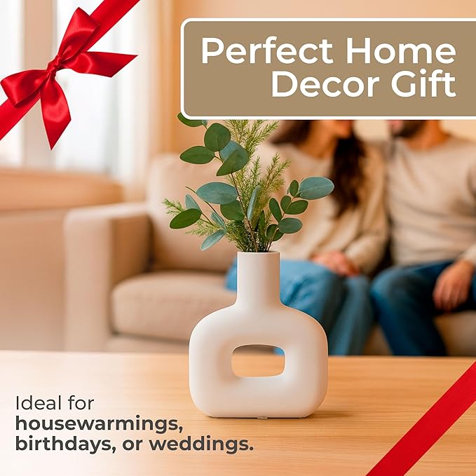 Sagebrook Home Modern Stoneware Vase - Decorative Dolomite Flower Holder - Minimalist Home & Office Accent - Stylish Tabletop Centerpiece for Living Room, Bedroom & Desk Decor - 8" White