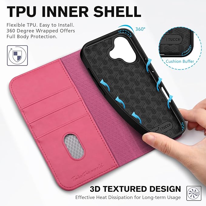 TUCCH Case Wallet for iPhone 17 (6.3-Inch) 2025, [3 Card Slots] Kickstand [RFID Blocking] PU Leather Case, Flip Folio Cover with [TPU Shockproof Interior Shell], Hot Pink