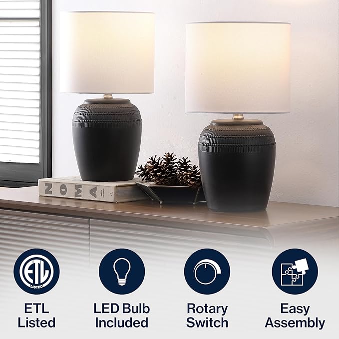 JONATHAN Y JYL5707A-SET2 16.75" Black Rustic Reeded Ceramic Table Lamp Set of 2 for Living Room, Traditional Farmhouse Bedside Nightstand Lamps with White Linen Shade, LED Bulbs Included