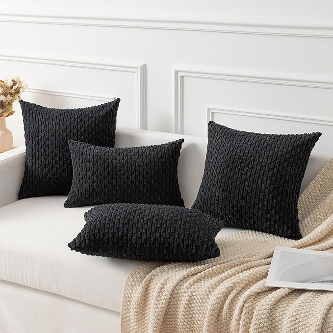 Kevin Textile Set of 2 Decorative Pillow Cover Solid Striped Corduroy Plush Velvet Cushion Cover for Couch 50cm 20 x 20 Inch Black
