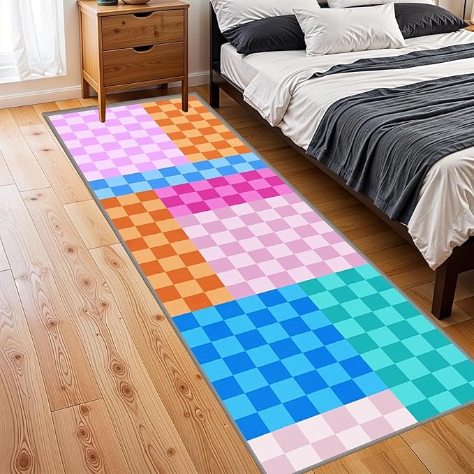 Multicolored Checkerboard Grid Runner for Entryway, 2.6x10ft, Boho Colorful Checkered Pattern Kids Playing Mat, Cozy Soft Absorbent Reduce Noise Rugs, Durable Washable Carpet for Family