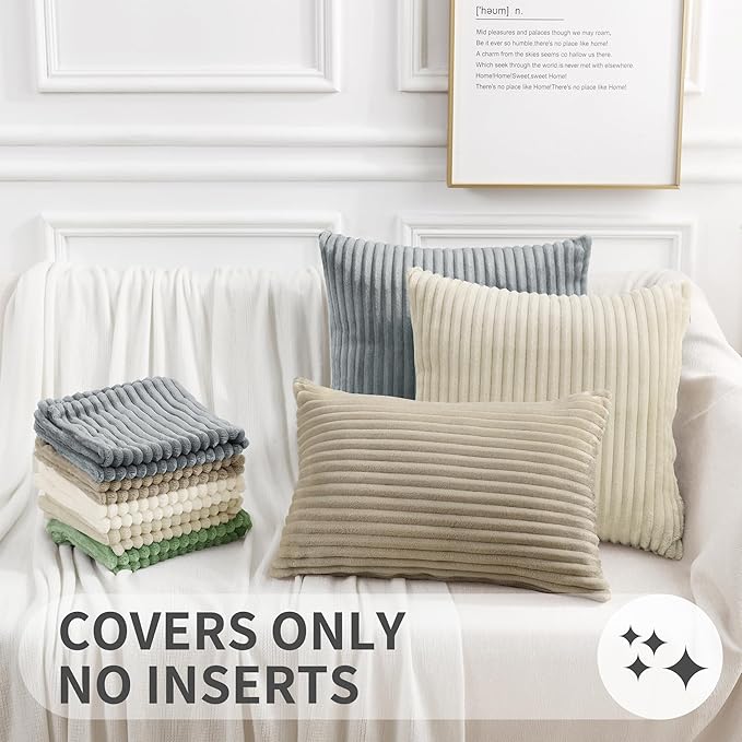 Simmore Decorative Spring Throw Pillow Covers 18x18 Set of 2, Soft Natural Plush Flannel Double-Sided Fluffy Couch Pillow Covers for Sofa Living Room, Khaki