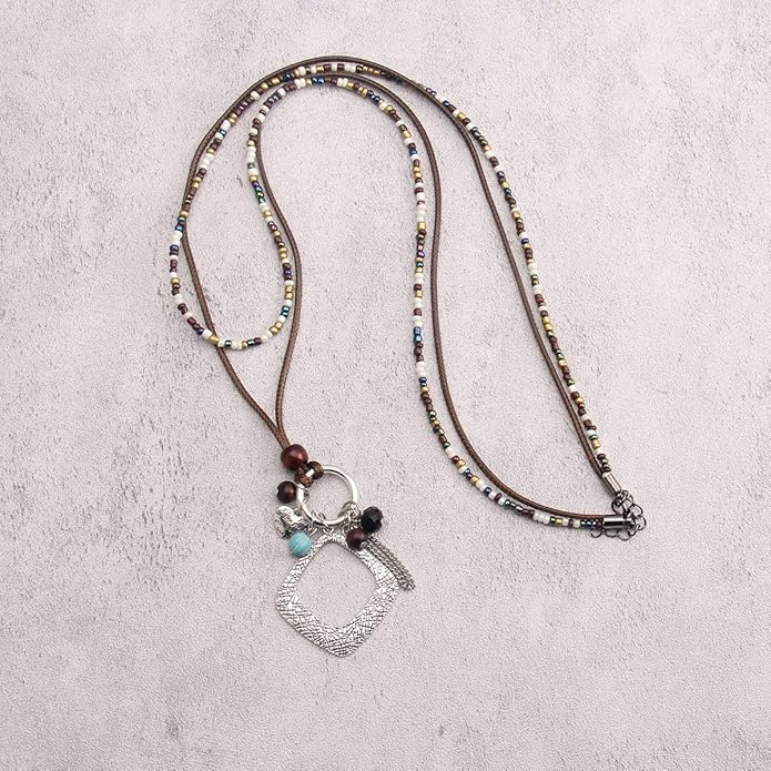 Leather Necklace for Women Boho Choker Necklace Long Cord Leather Pendant Bohemian Neckalce Vintage Alloy Pendant Leather Rope Necklace Wooden Necklaces for Women