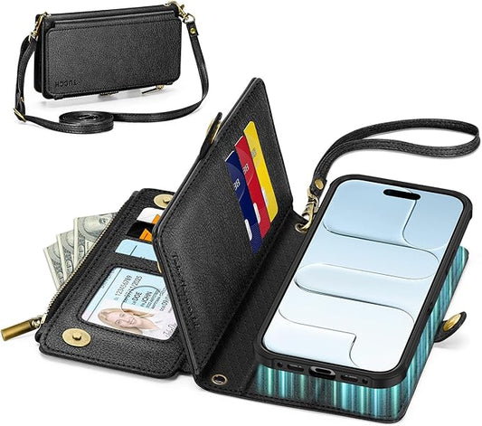 TUCCH Removable Crossbody Case Wallet for iPhone Air 2025, 9 Card Slot RFID Blocking, Stand, Lanyard, Wrist Strap, Wireless Charging, Zipper Pocket, PU Leather, Magnetic Flip Cover, Textured Black