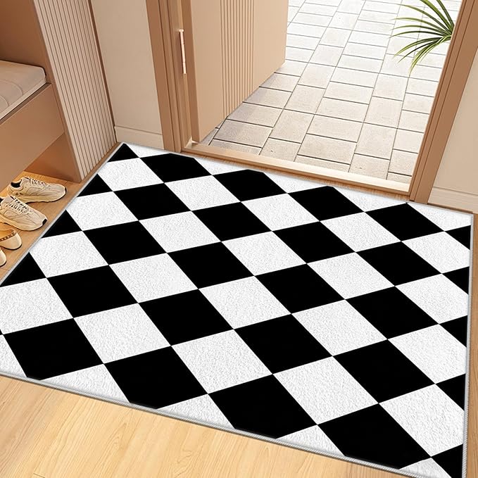 Checkered Rug, Black White Rug, Washable Rugs 5x6, Geometric Rhombus Plaid Area Rugs, Grid Gingham Carpet for Living Room Non Slip Home Decor