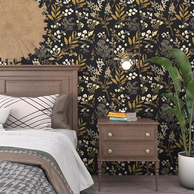 Vintage Wallpaper Peel and Stick Black Floral Wallpaper 17.5'' x 393'' Gold Leaf Contact Paper Vinyl Waterproof Self Adhesive Boho Botanical Wall Paper for Bedroom Shlef Cabinet Décor