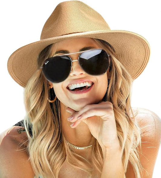 FURTALK Sun Hats for Women Summer Wide Brim UV UPF 80+ Panama Fedora Foldable Packable Straw Beach Hat