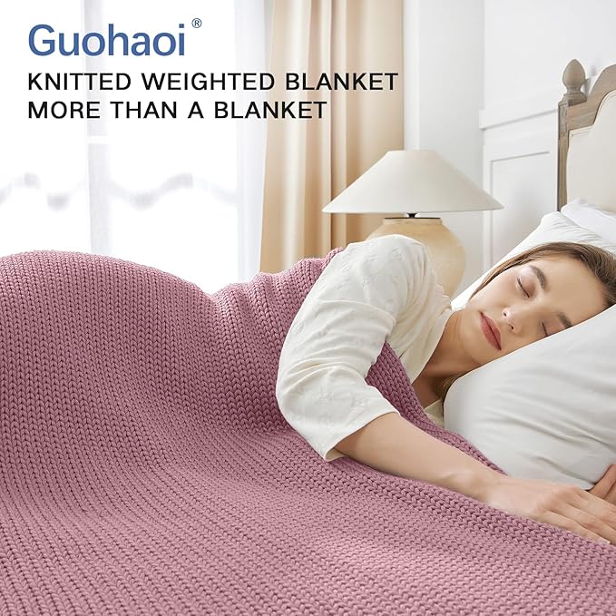 Guohaoi Knitted Weighted Blanket for Adults (Muted Pink 48"x72" 12lbs) No Beads Cooling Throw Blanket for Hot Sleepers, Home Decor Breathable Chunky Knit Heavy Blanket Use on Full Size Bed
