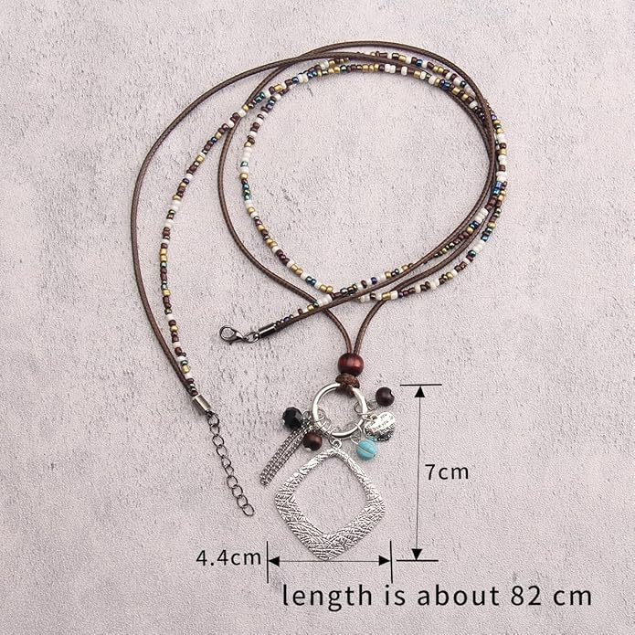 Leather Necklace for Women Boho Choker Necklace Long Cord Leather Pendant Bohemian Neckalce Vintage Alloy Pendant Leather Rope Necklace Wooden Necklaces for Women