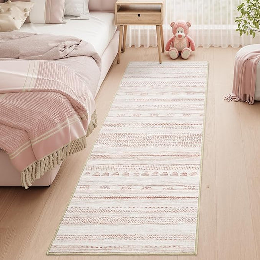 2x6 Pink Runner Rug Machine Washable Non Slip Area Rug Distressed Neutral Moroccan Boho Rug Ultra Soft Floor Runners for Hallways for Entryway Laundry Room Kitchen