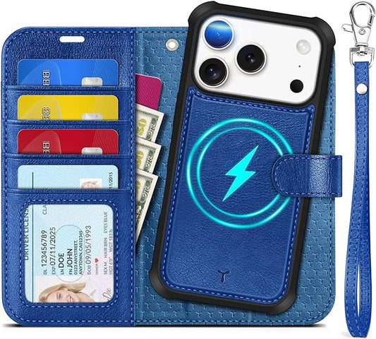 TUCCH 2-in-1 Detachable Wallet Case for iPhone 17 Pro (6.3-inch) 2025, RFID Blocking 4 Card Slot | Wireless Charging | Wrist Strap | Kickstand | Magnetic | PU Leather | Protective Cover | Klein Blue