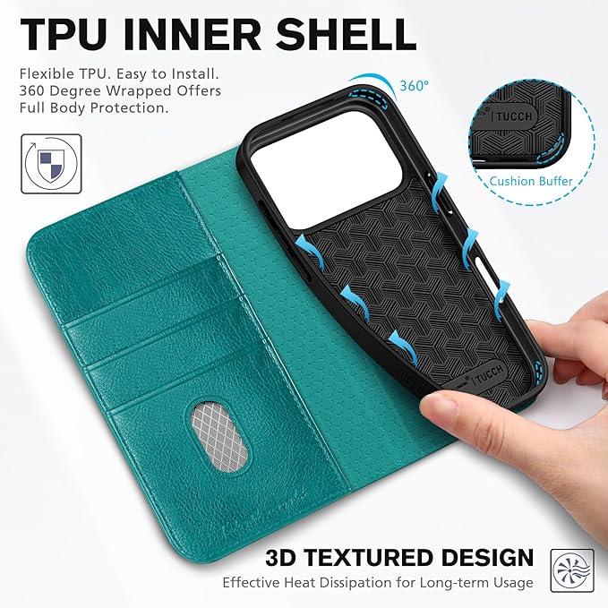 TUCCH Case Wallet for iPhone 17 Pro (6.3-Inch) 2025, 3 Card Slots | Kickstand | RFID Blocking | PU Leather | Protective Flip Folio Cover | TPU Shockproof Interior Shell | Cyan