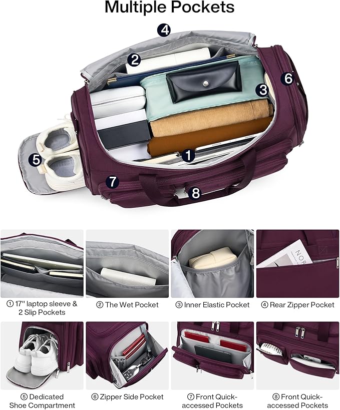 MILADA Carry On Luggage Bags for Travel Large Foldable Duffle Bag for Travel Lightweight Personal Bags for Airplanes Weekend Overnight Bags for Women Mens Travel Bag, Purple
