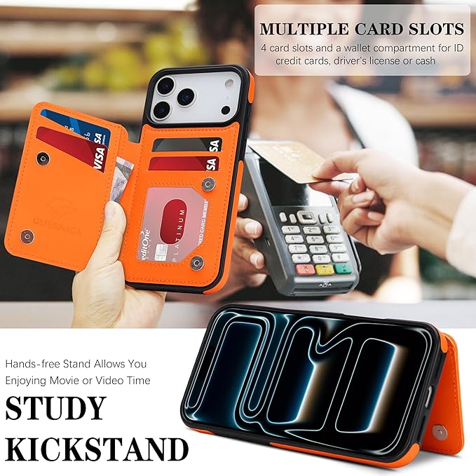 GUERNICA for iPhone 17 Pro Max (6.9") Case Wallet with Card Holder, RFID Blocking Leather Protection, Shockproof Women Men Phone Case for Apple 17 Pro Max, Orange