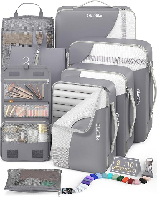 8 Set Packing Cubes for Travel, Anti-Tearing Suitcase Organizer for Luggage with Shoe & Hanging Toiletry Bag,Gifts for Women Mom,OlarHike Vacation Essentials & Accessories for Cruise Ship,Ash