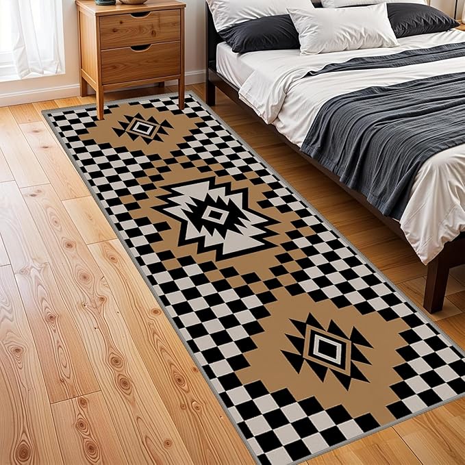 Western Aztec Long Hallway Rug Runners, 2x8ft, Modern Brown Diamond Check Area Carpet for Living Room, Easy Clean Fade Resistant Durable Foldable Pet Friendly Rugs for Front Door