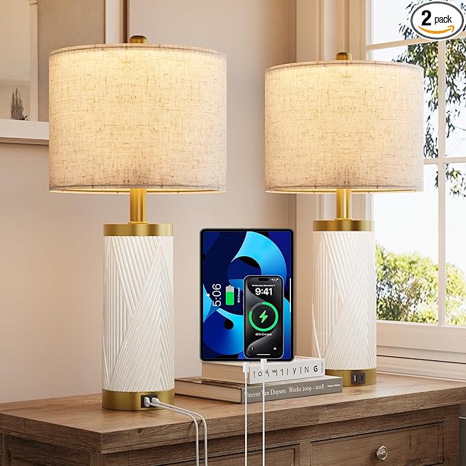 24.5" Modern Ceramic Table Lamp Set of 2 for Living Room, Table Lamps with USB Ports for Bedroom Set of 2， Farmhouse Bedside Nightstand Bedside Lamp End Table Lamps White