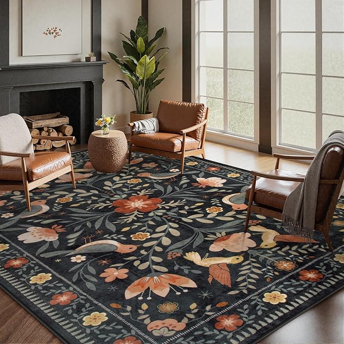Moynesa Bedroom Rug 5x7, Washable Modern Transitional Black Area Rugs for Living Room Dining Room, Farmhouse Floral Bird Print Carpet, Folk Art Home Decor Open Floor Areas Non-Slip Protection