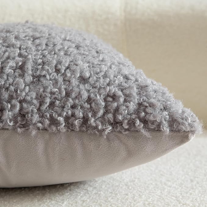 Yaertun Pack of 2 Faux Fur Throw Pillow Covers Decorative Sherpa Boucle Pillow Covers Fuzzy Soft Pillowcases Sheepskin Fleece Cushion Case for Couch Sofa Bed Living Room 22x22 Inch Light Grey
