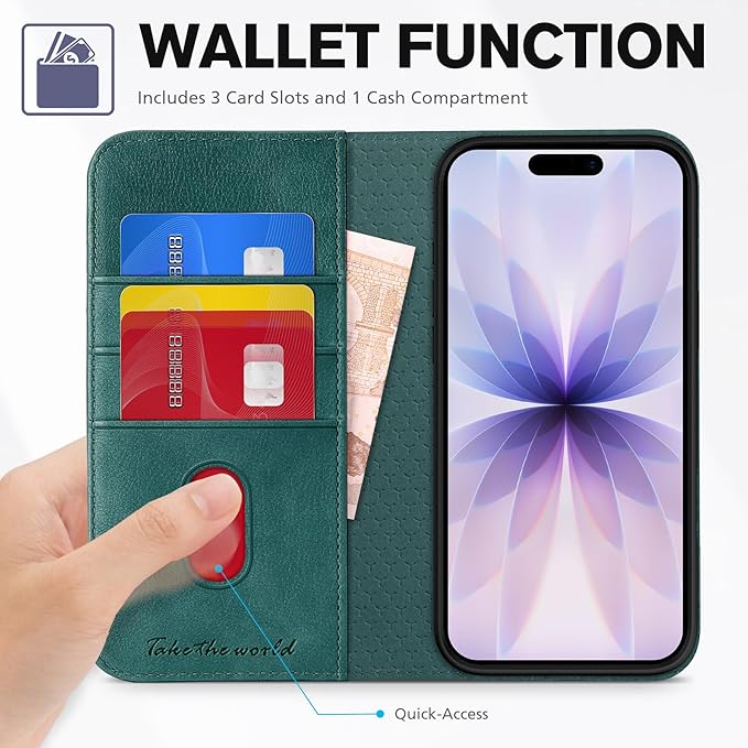 TUCCH Wallet Case for iPhone 17 (6.3-Inch) 2025, 3 Credit Card Slot | RFID Blocking | Stand | PU Leather | Shockproof TPU Interior Shell | Protective Flip Folio Cover | Teal Blue