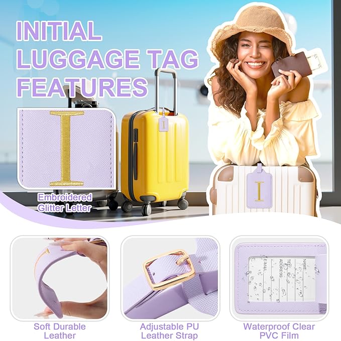 Personalized Initial Luggage Tags for Suitcase, Purple Leather Cute Luggage Tags with Privacy Cover Name Card, Embroidered Custom Monogrammed Luggage Tag Travel Backpack Tags Gifts for Women Kids(I)