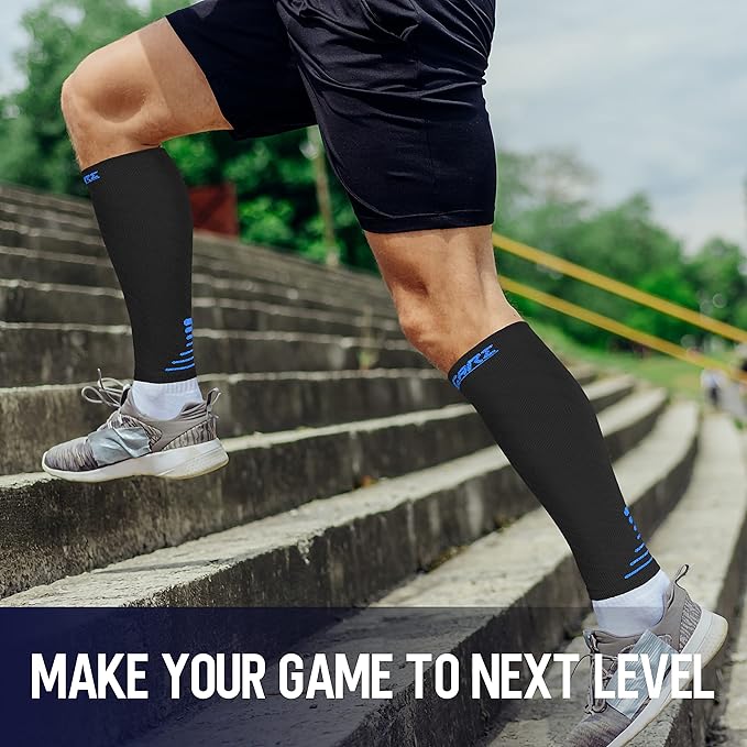 Thoxcare Calf Compression Sleeve for Men Women (1 Pair), Leg Support Footless Compression Socks for Running - Shin Splint Varicose Veins Swelling & Pain Relief, , Black/Blue, X-Large
