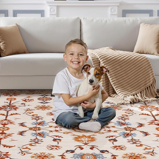 Tangsoo Floral Area Rug 4x6 Machine Washable Orange Rug Non-Slip Vintage Distressed Boho Print, Soft Low Pile Carpet for Living Room, Bedroom, Dining Room, Pet & Child Friendly (Orange Home Decor)